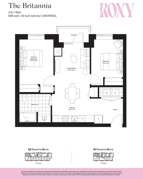 Floor plan for 2 beds, 1 bath, 923 sqft